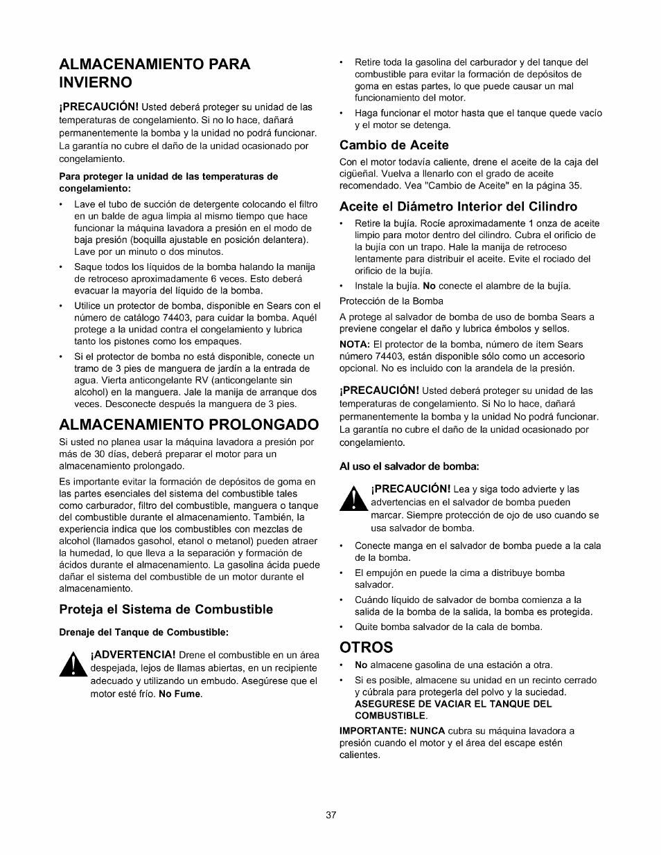 Almacenamiento para invierno, Almacenamiento prolongado, Proteja el sistema de combustible | Cambio de aceite, Aceite ei diámetro interior dei ciiindro, Otros | Sears 580.76101 User Manual | Page 37 / 40