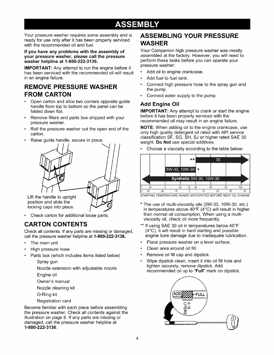 Assembly, Remove pressure washer from carton, Carton contents | Add engine oil, Assembly -5, Assembling your pressure washer | Sears 580.76101 User Manual | Page 4 / 40