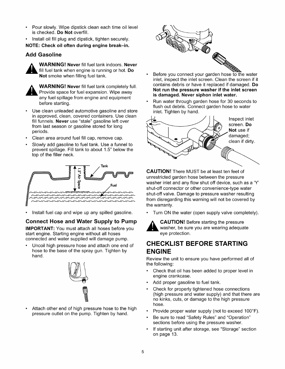 Add gasoline, Connect hose and water supply to pump, Checklist before starting engine | Sears 580.76101 User Manual | Page 5 / 40