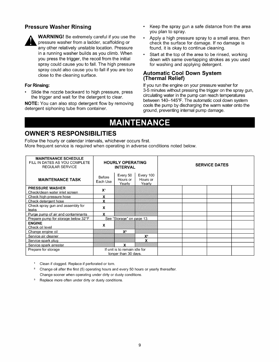 Automatic cool down system (thermal relief), Maintenance, Owner’s responsibilities | Maintenance -12, Pressure washer rinsing | Sears 580.76101 User Manual | Page 9 / 40