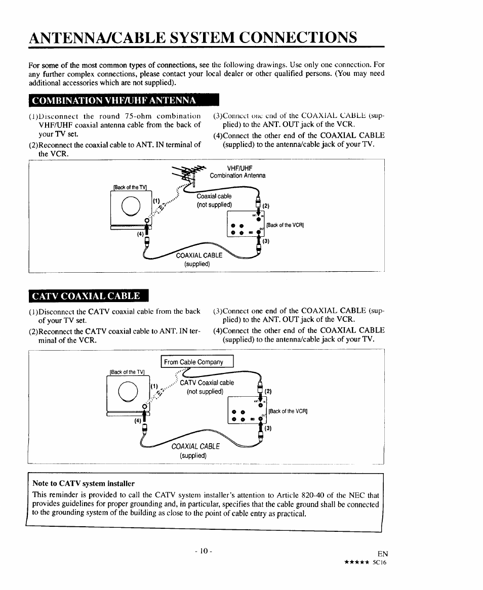 Antenna/cable system connections, Combination vhf/uhf antenna, Catv coaxial cable | Sears 934.5512559 User Manual | Page 10 / 40