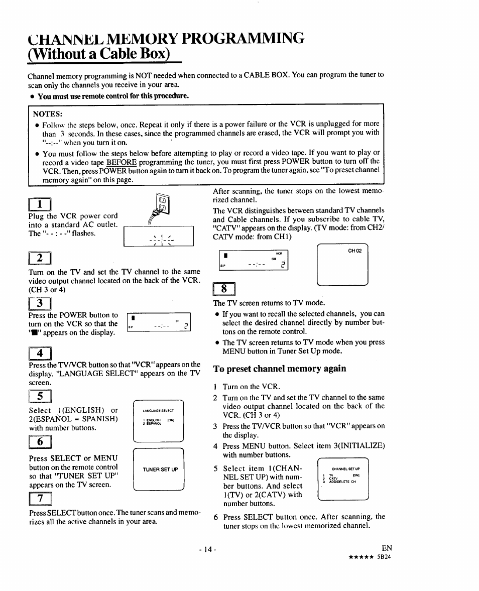 Channel memory programming (without a cable box), To preset channel memory again | Sears 934.5512559 User Manual | Page 14 / 40
