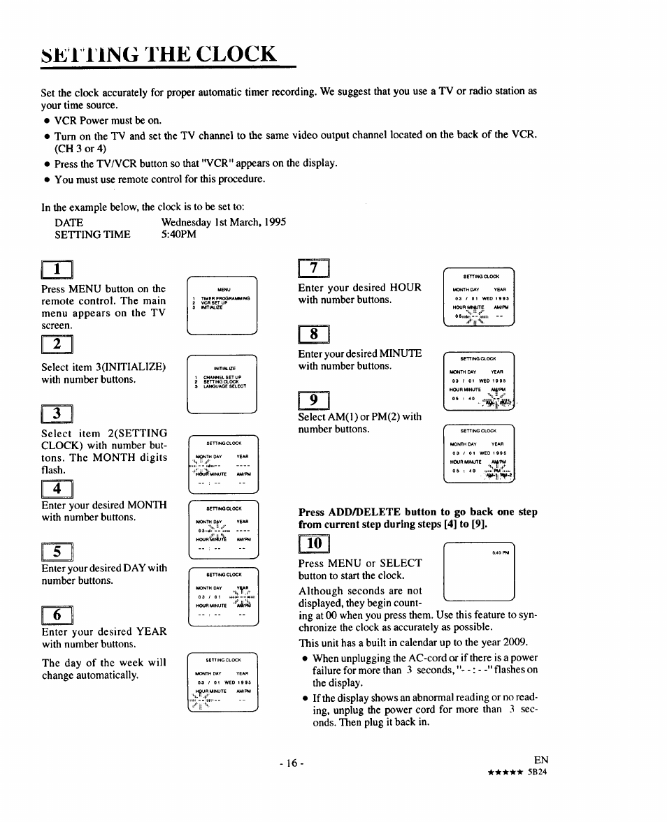 E1 i ing the clock, Setting the clock, E 1 i ing the clock | Sears 934.5512559 User Manual | Page 16 / 40