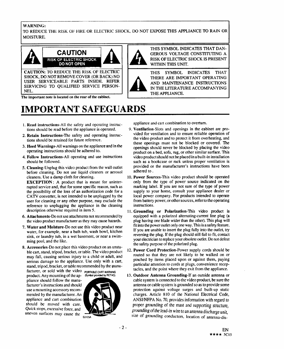 Important safeguards, Caution | Sears 934.5512559 User Manual | Page 2 / 40