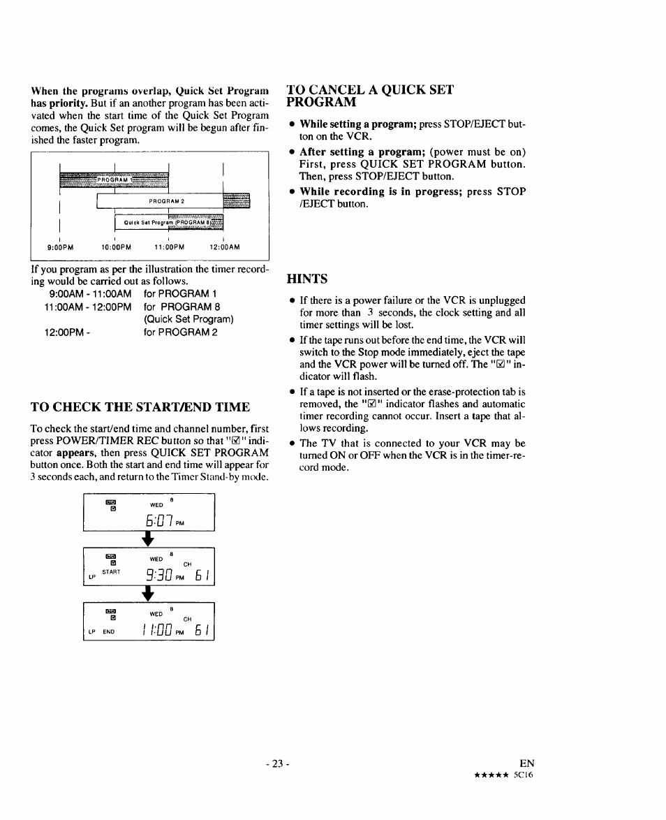 To check the start/end time, To cancel a quick set program, Hints | Sears 934.5512559 User Manual | Page 23 / 40