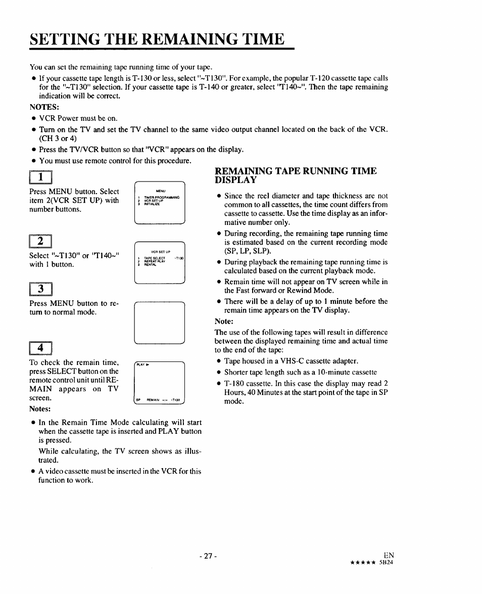 Setting the remaining time, Remaining tape running time display | Sears 934.5512559 User Manual | Page 27 / 40