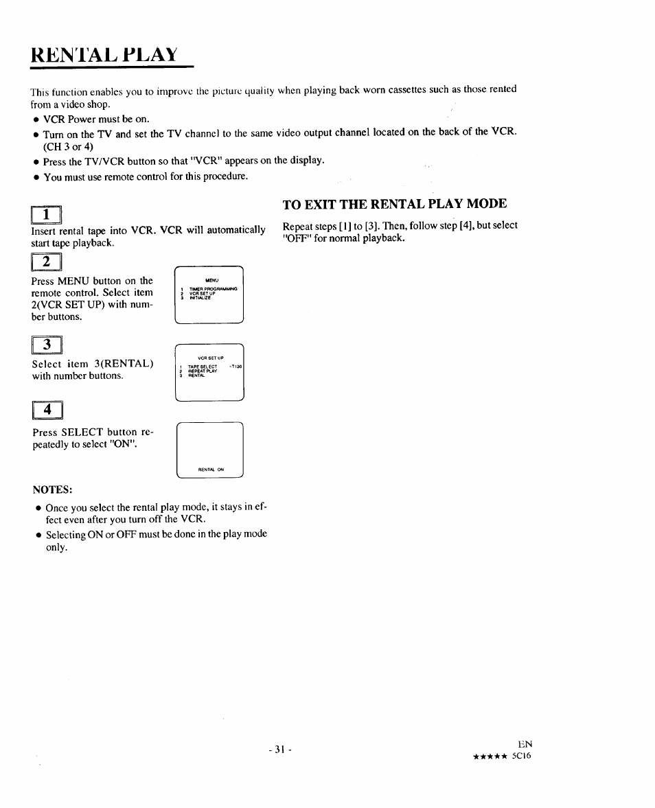 To exit the rental play mode, Rental flay | Sears 934.5512559 User Manual | Page 31 / 40