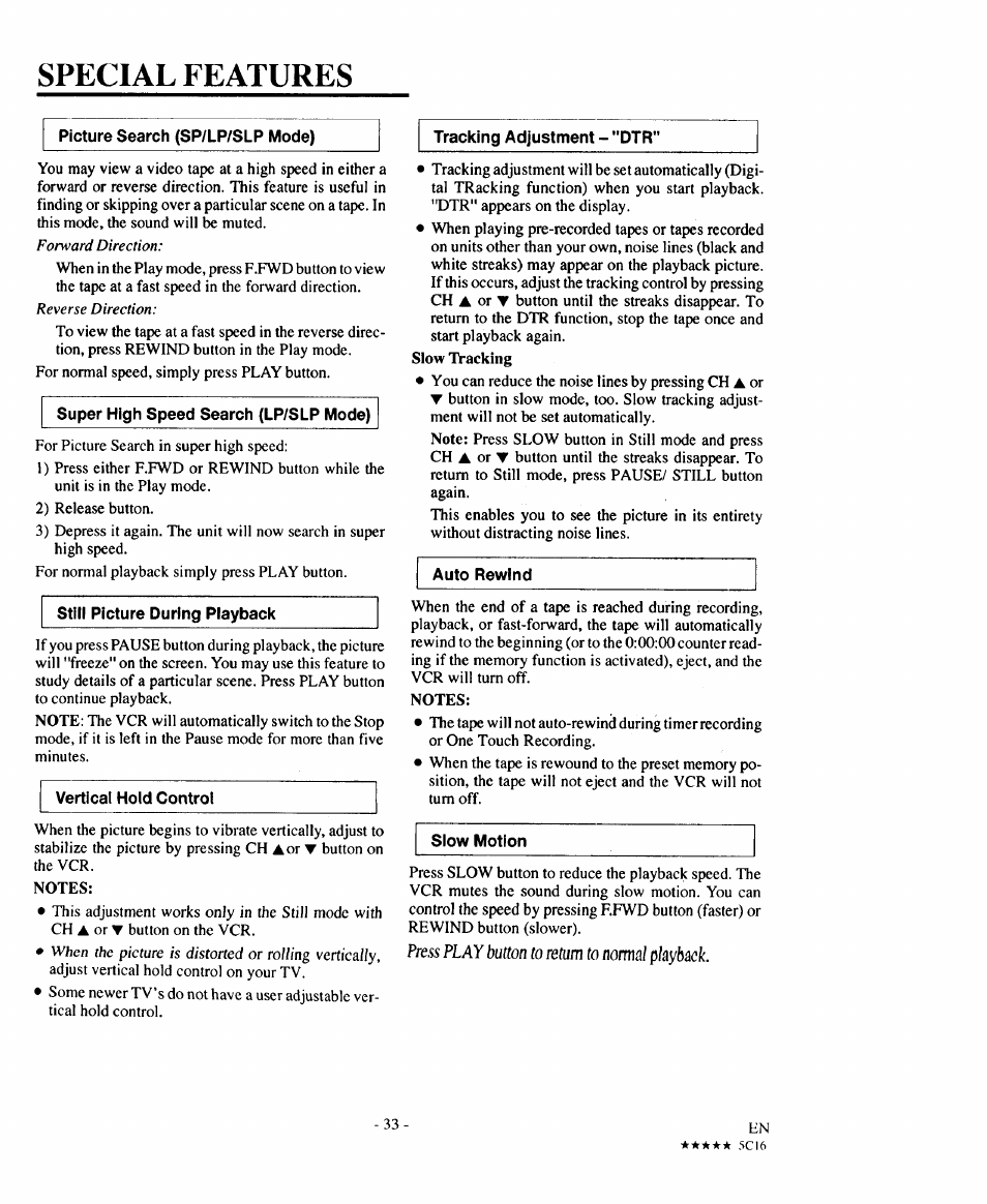 Picture search (sp/lp/slp mode), Tracking adjustment - "dtr, Special features | Press play button to return to normal playback | Sears 934.5512559 User Manual | Page 33 / 40