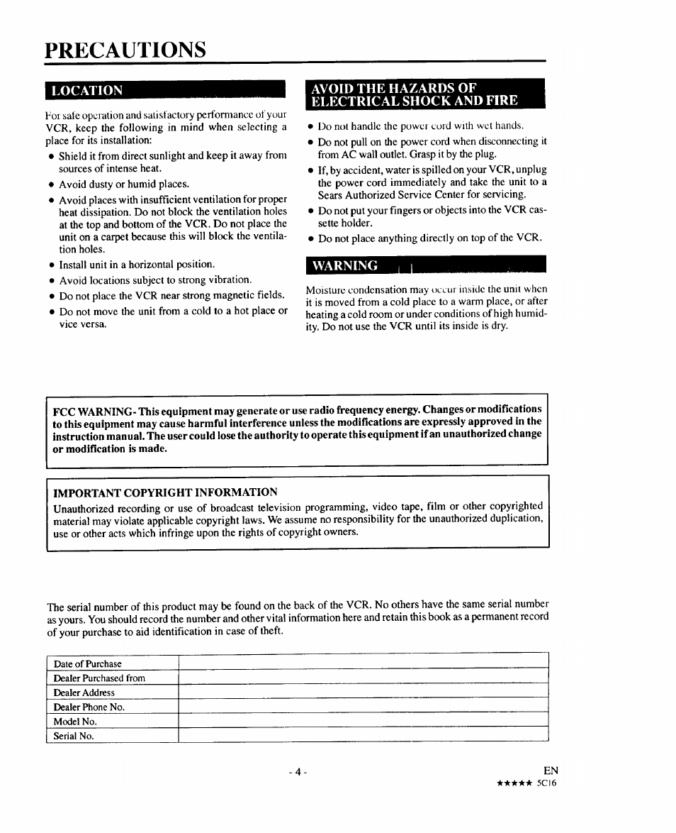 Precautions, Location, Avoid the hazards of electrical shock and fire | Sears 934.5512559 User Manual | Page 4 / 40