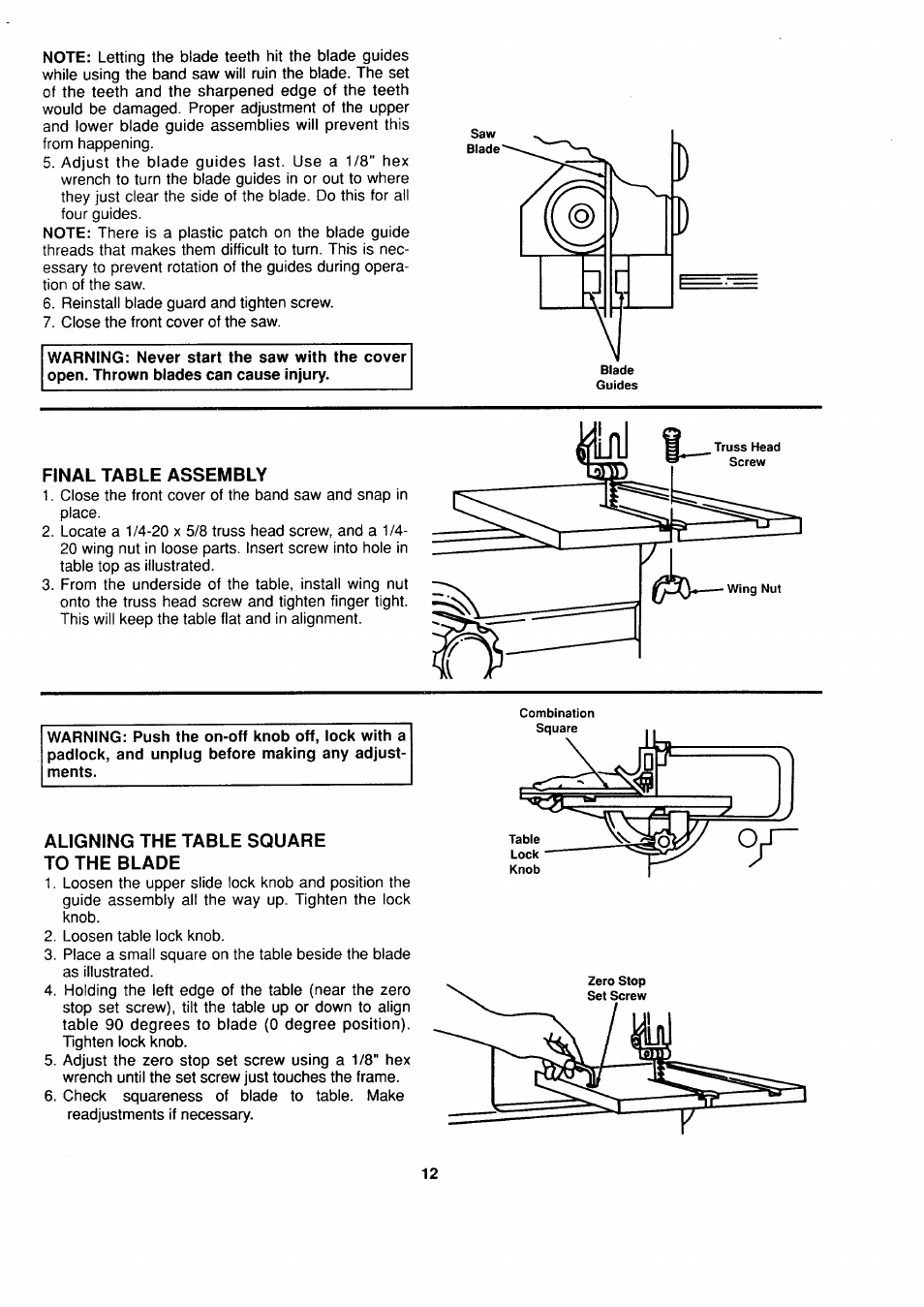 Final table assembly, Aligning the table square to the blade | Sears 113.244530 User Manual | Page 12 / 24
