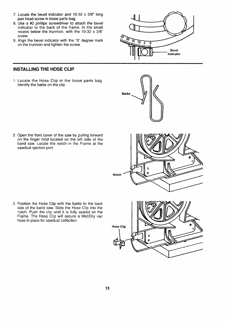 Installing the hose clip, Installing the table | Sears 113.244530 User Manual | Page 13 / 24