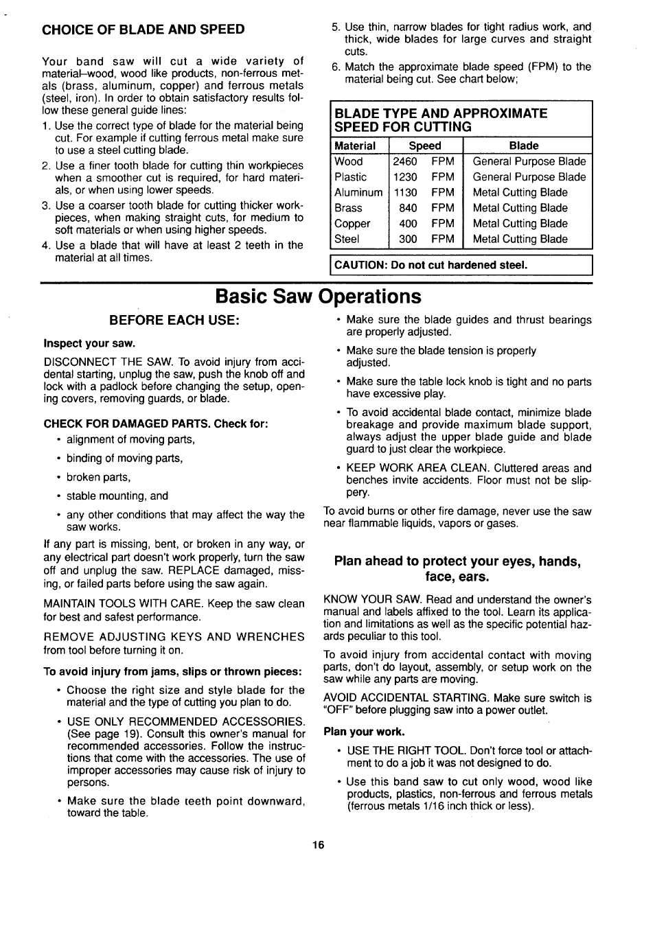 Choice of blade and speed, Basic saw operations | Sears 113.244530 User Manual | Page 16 / 24