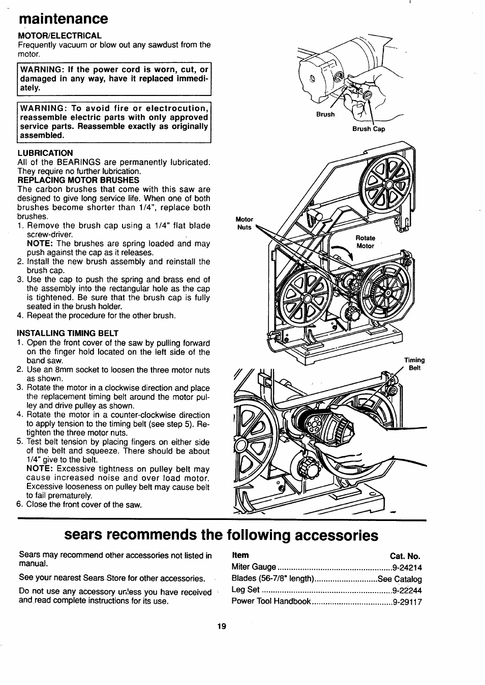 Maintenance, Sears recommends the following accessories | Sears 113.244530 User Manual | Page 19 / 24