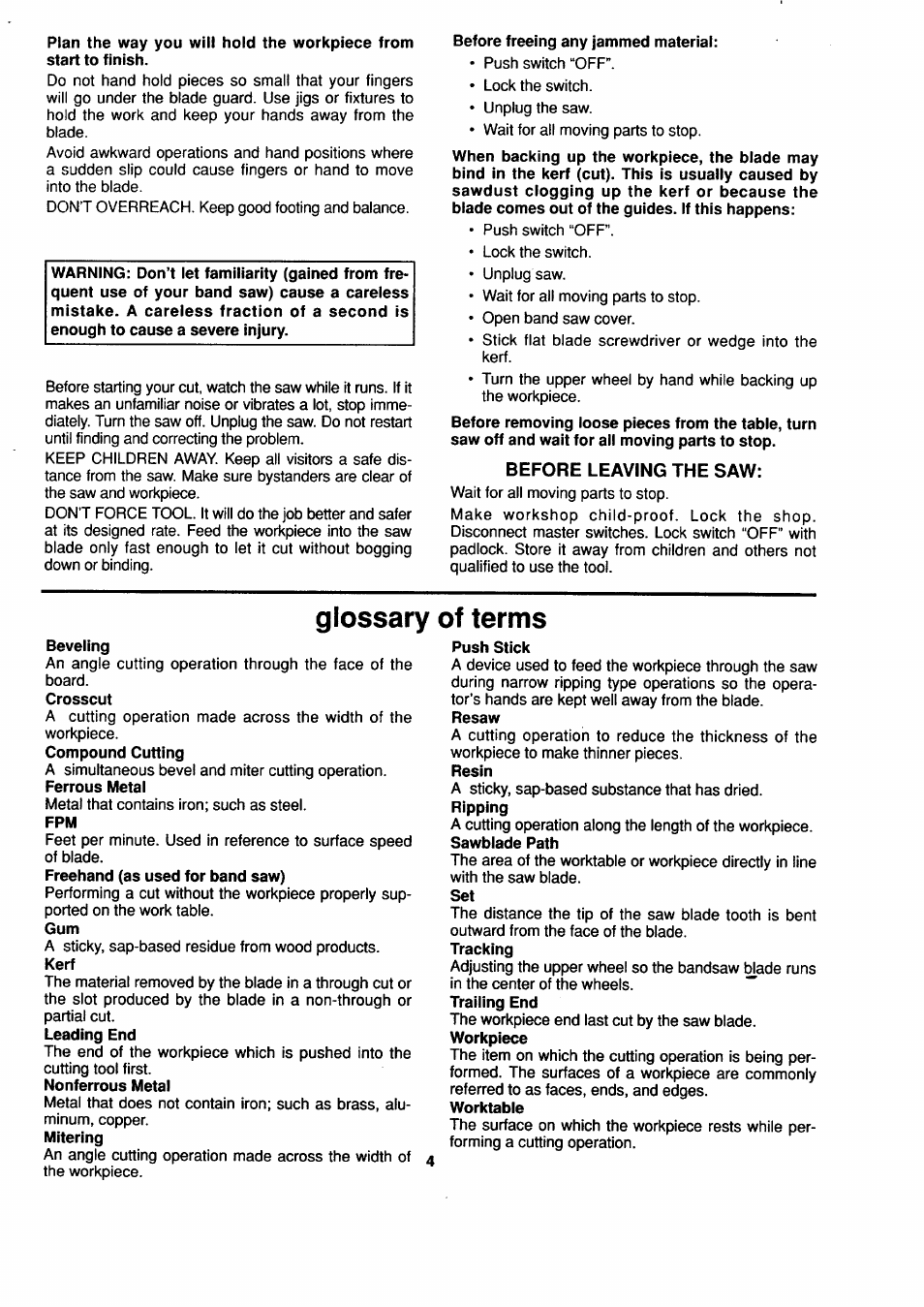 Before leaving the saw, Glossary of terms | Sears 113.244530 User Manual | Page 4 / 24