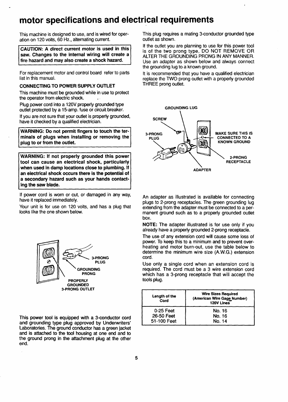 Motor specifications and electrical requirements | Sears 113.244530 User Manual | Page 5 / 24