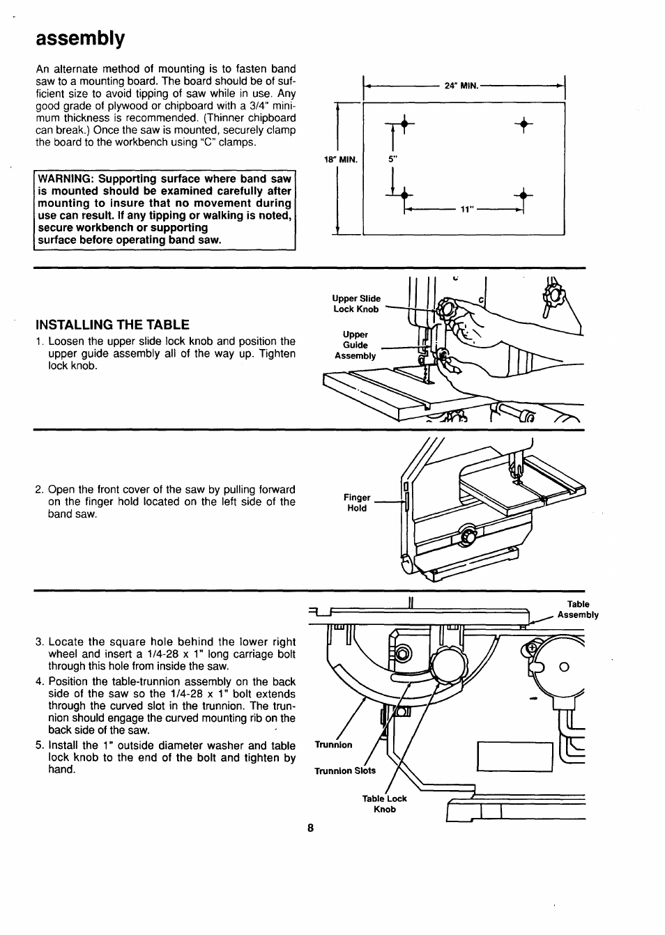 Assembly, Installing the table | Sears 113.244530 User Manual | Page 8 / 24