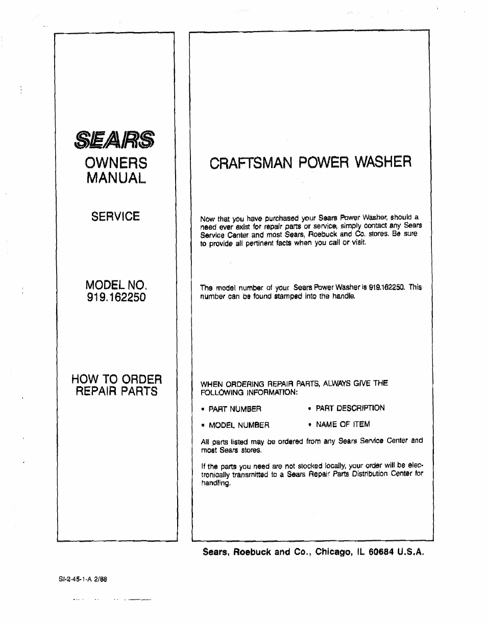 Sears, roebuck and со., chicago, il 60684 u.s.a, Ow ners craftsman pow er w asher manual, Sems | Service, Model no, How to order, Repair parts | Sears 919.16225 User Manual | Page 12 / 12