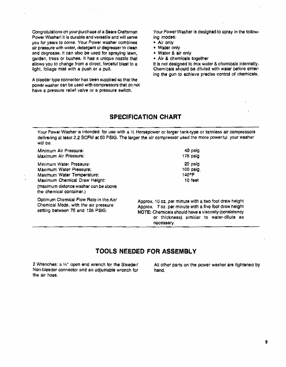 Specificatfon chart, Tools needed for assembly | Sears 919.16225 User Manual | Page 5 / 12