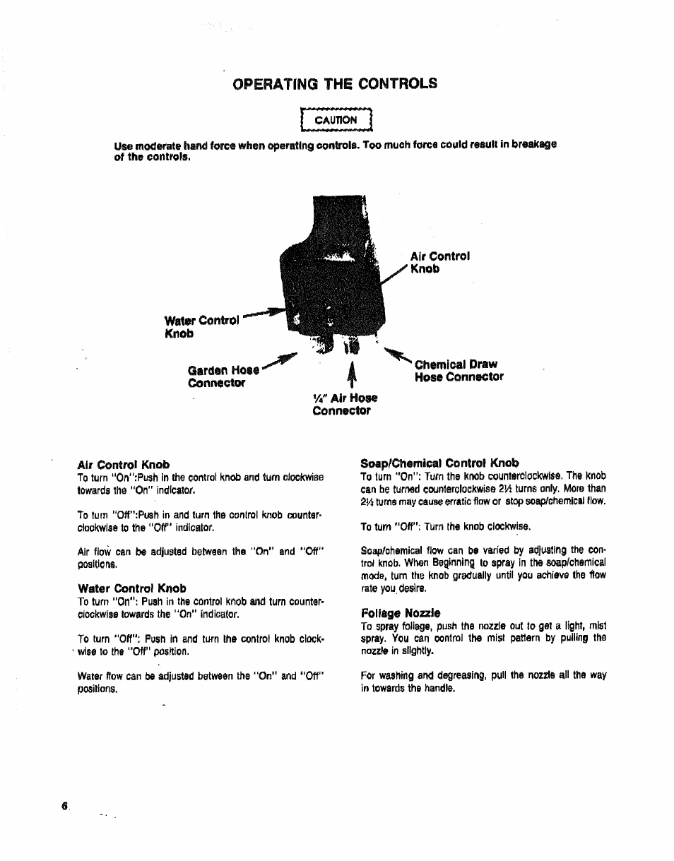 Water control knob, Connector, Air hose connector | Air control knob, Foliage nozzle, Air control knob water control knob, Operating the controls | Sears 919.16225 User Manual | Page 6 / 12