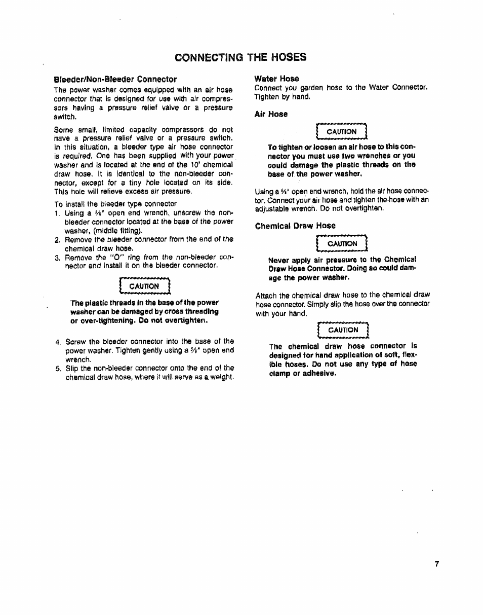 Bieeder/non-bleeder connector, Water hose, Air hose | Chemical draw hose, Connecting the hoses | Sears 919.16225 User Manual | Page 7 / 12