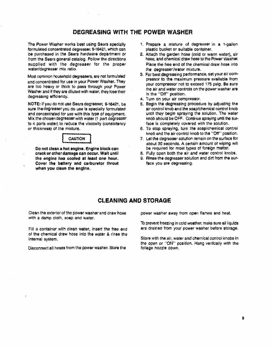 Degreasing with the power washer, Cleaning and storage | Sears 919.16225 User Manual | Page 9 / 12