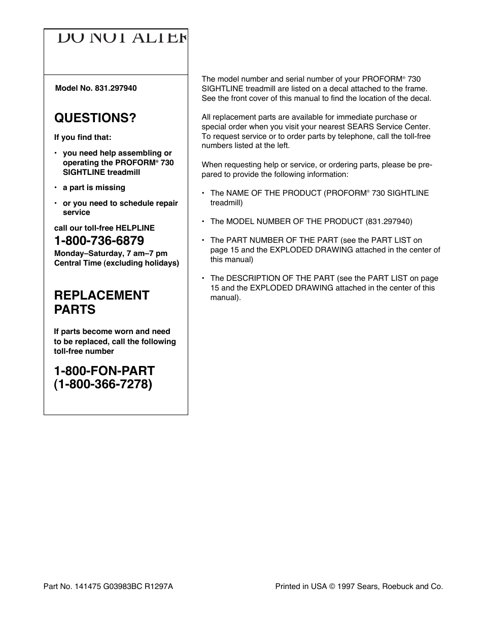Do not alter, Questions, Replacement parts | Sears 831.297940 User Manual | Page 18 / 18