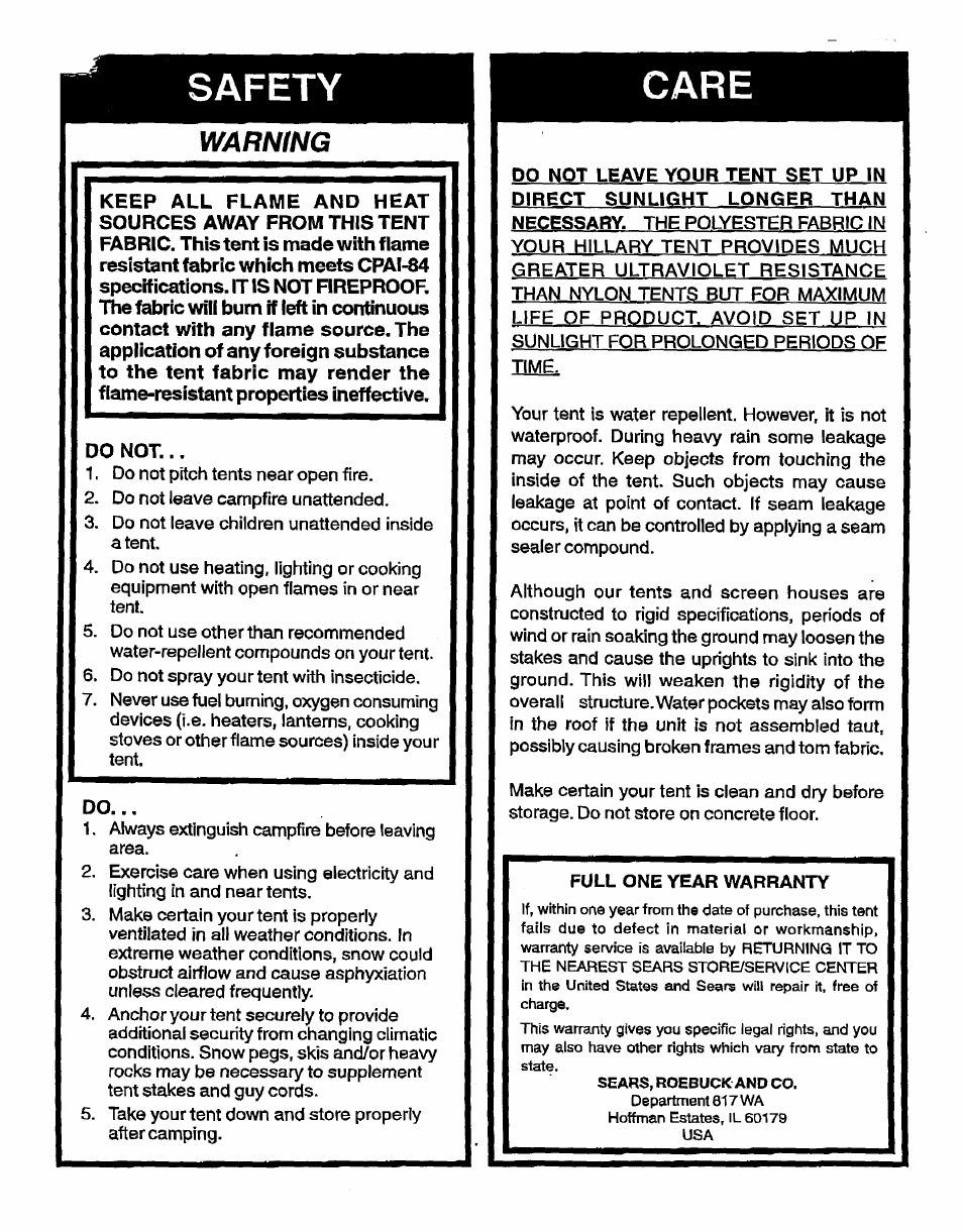 Safety care, Warnìng | Sears 308.70109 User Manual | Page 2 / 6