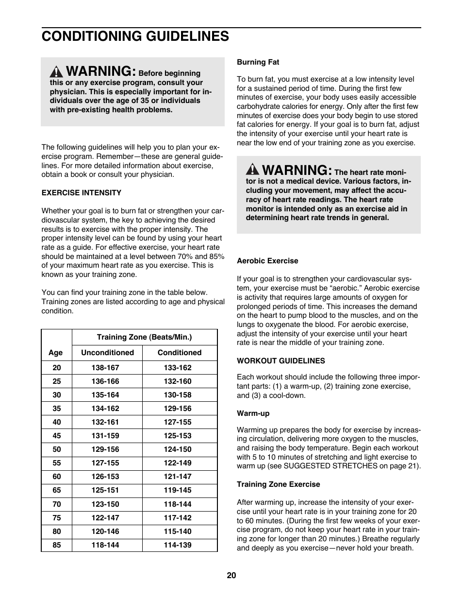 Conditioning guidelines, Warning | Sears 10.0 831.297960 User Manual | Page 20 / 26
