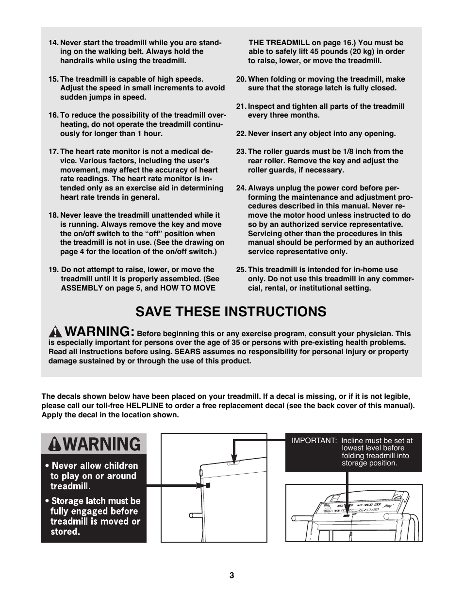 Save these instructions warning | Sears 10.0 831.297960 User Manual | Page 3 / 26