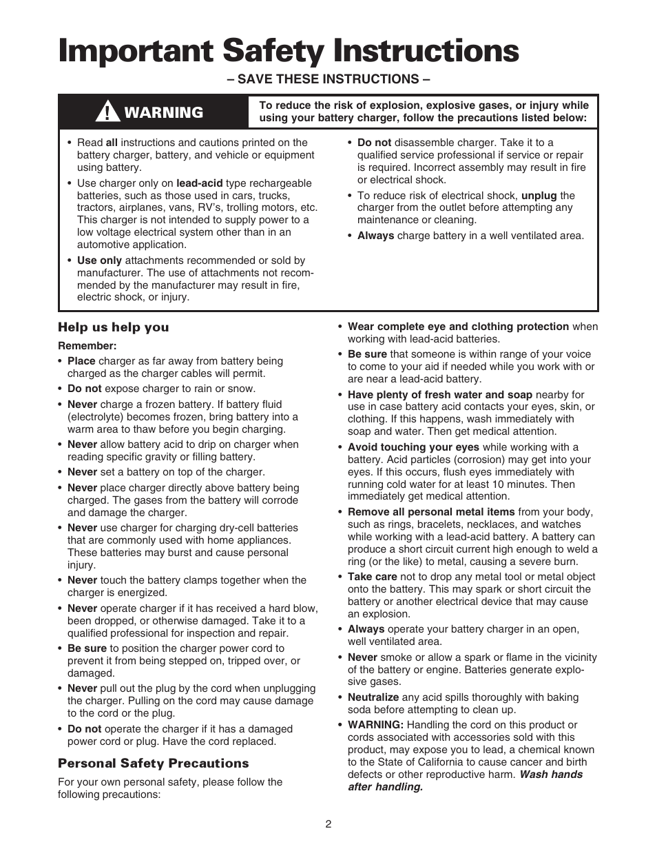 Important safety instructions, Warning | Sears 200.71234 User Manual | Page 3 / 15