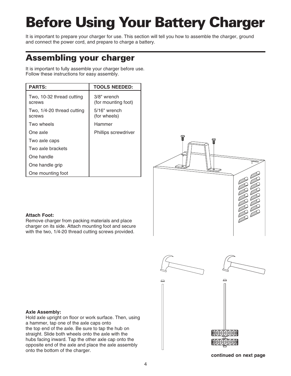 Before using your battery charger, Assembling your charger | Sears 200.71234 User Manual | Page 5 / 15