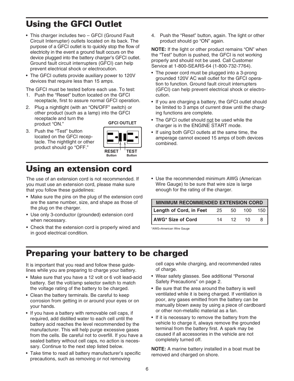 Preparing your battery to be charged, Using an extension cord, Using the gfci outlet | Sears 200.71234 User Manual | Page 7 / 15