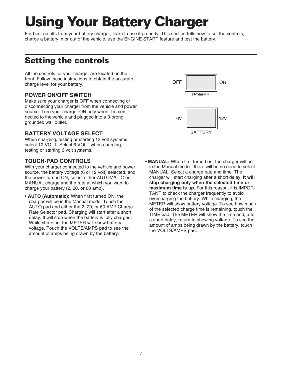 Using your battery charger, Setting the controls | Sears 200.71234 User Manual | Page 8 / 15