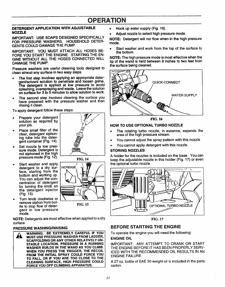 Before starting the engine, Operation | Sears 580.7515 User Manual | Page 11 / 60