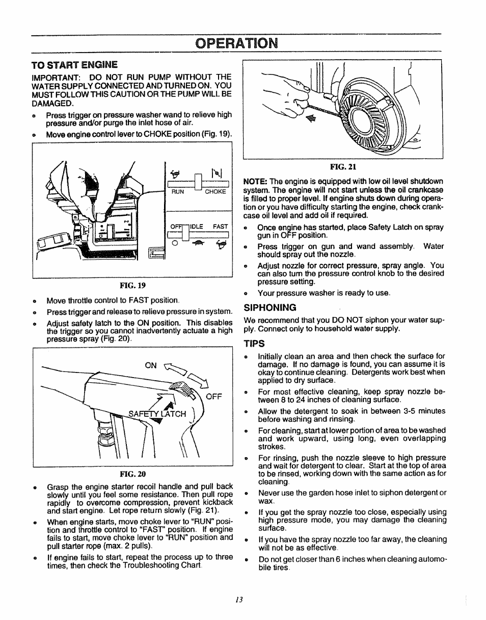 To start engine, Siphoning, Tips | Operation | Sears 580.7515 User Manual | Page 13 / 60