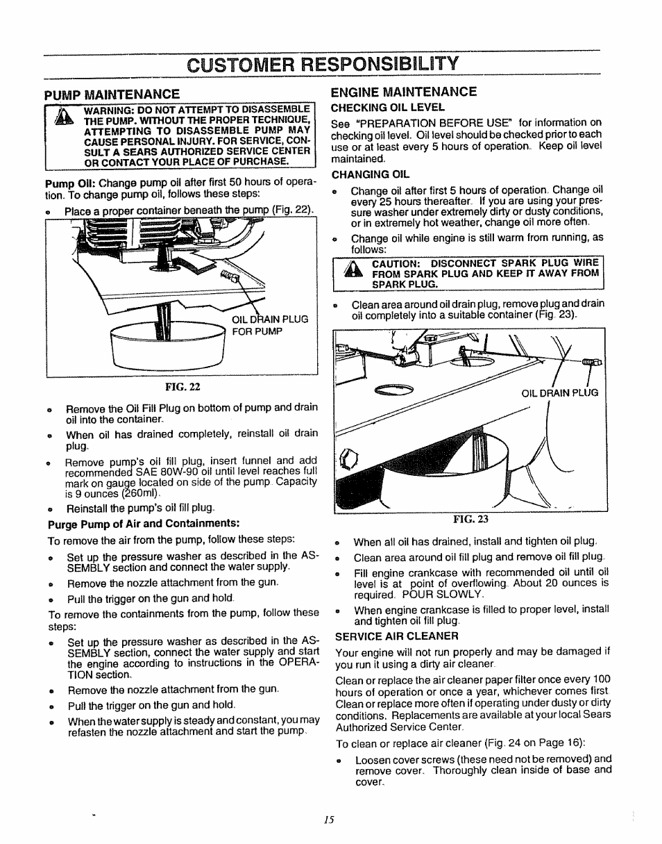 Pump maintenance, Engine maintenance, Checking oil level | Changing oil, Service air cleaner, Customer responsibility | Sears 580.7515 User Manual | Page 15 / 60