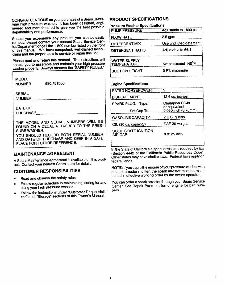 Product specifications, Maintenance agreement, Customer responsibilities | Sears 580.7515 User Manual | Page 3 / 60