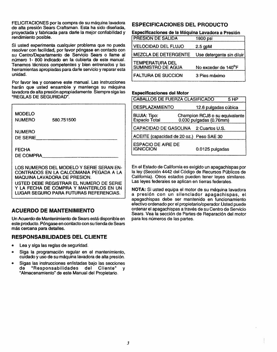 Acuerdo de mantenimiento, Responsabiudades del cliente | Sears 580.7515 User Manual | Page 33 / 60