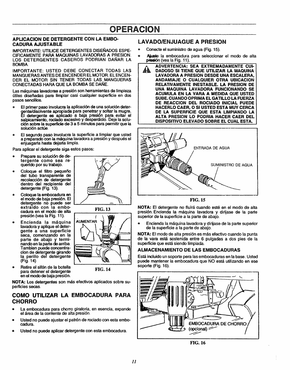 Como utilizar la embocadura para chorro, Lavado/enjuague a presion, Almacenamiento de las embocaduras | Operacion | Sears 580.7515 User Manual | Page 41 / 60