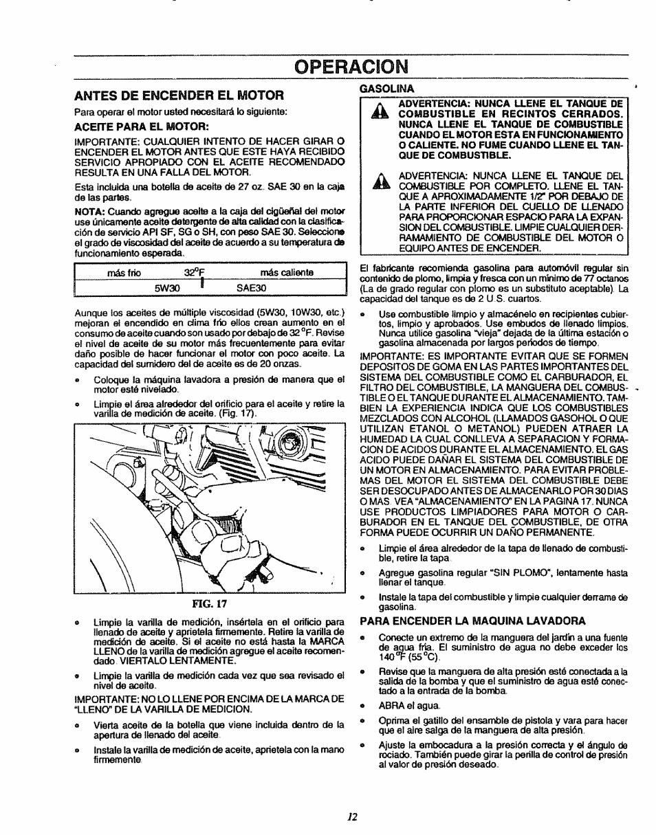 Antes de encender el motor, Acefte para el №otor, Gasolina | Para encender la maquina lavadora, Operacion | Sears 580.7515 User Manual | Page 42 / 60