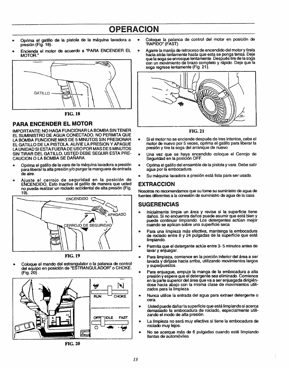 Para encender el motor, Extraccion, Sugerencias | Extracción, Operaci | Sears 580.7515 User Manual | Page 43 / 60