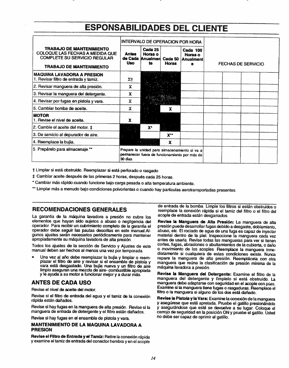 Esponsabilidades del cliente, Recomendaciones generales, Antes de cada uso | Mantenimiento de la maquina lavadora a presion | Sears 580.7515 User Manual | Page 44 / 60