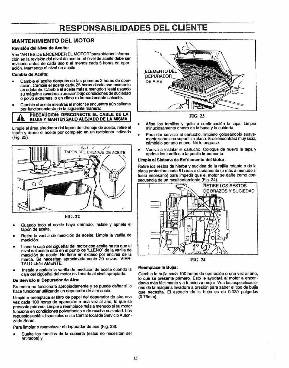 Responsabilidades del cliente, Mantenimiento del motor | Sears 580.7515 User Manual | Page 45 / 60