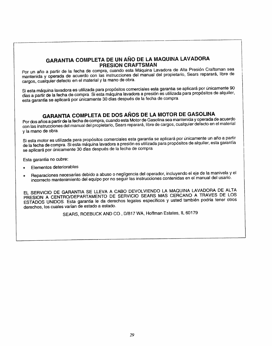 Garantia completa de un año de la maquina lavadora, Presion craftsman | Sears 580.7515 User Manual | Page 59 / 60