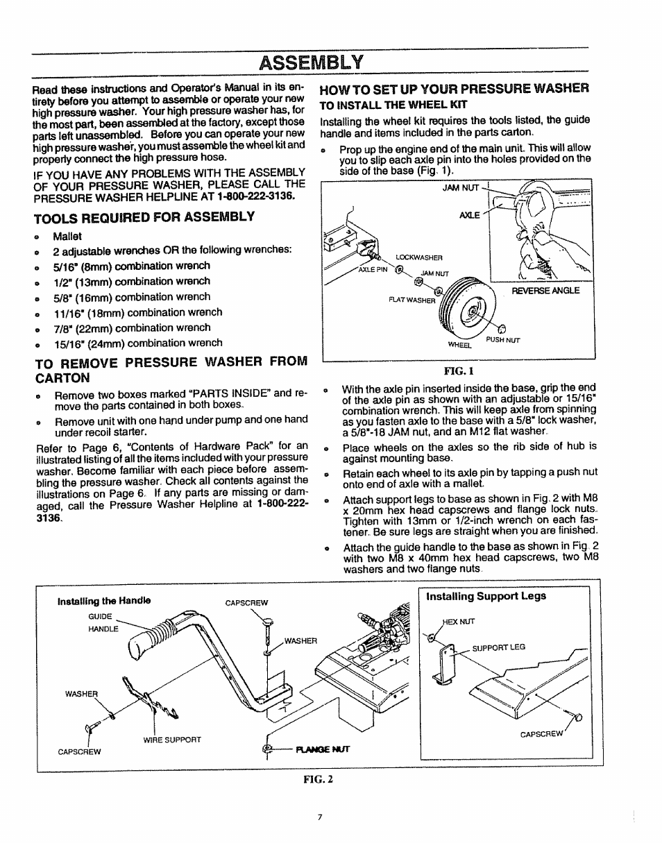 Assembly, Tools required for assembly, To remove pressure washer from carton | Sears 580.7515 User Manual | Page 7 / 60
