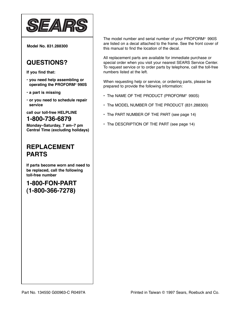 Questions, Replacement parts | Sears 831.288300 User Manual | Page 16 / 16