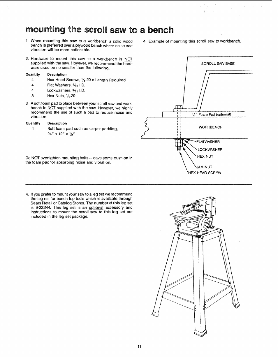 Mounting the scroll saw to a bench | Sears 113.23611 User Manual | Page 11 / 20