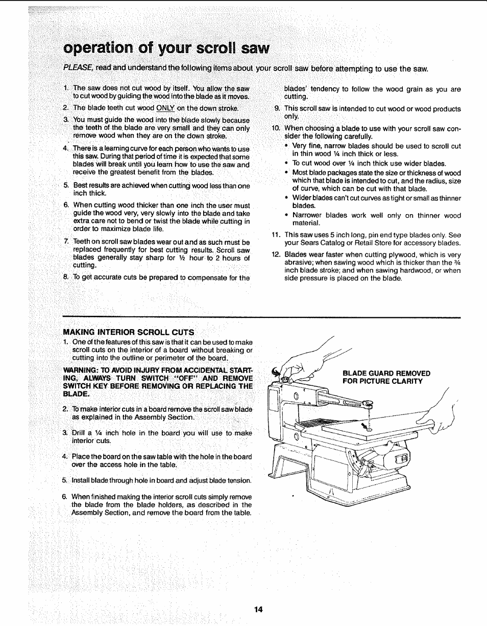 Operation of your scroll saw | Sears 113.23611 User Manual | Page 14 / 20