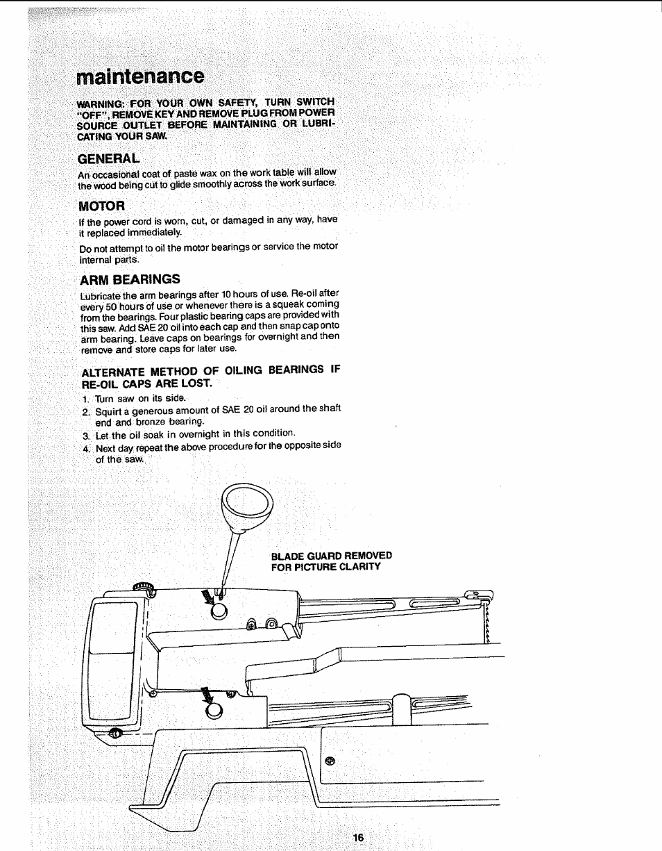 General, Motor, Arm bearings | Maintenance | Sears 113.23611 User Manual | Page 16 / 20