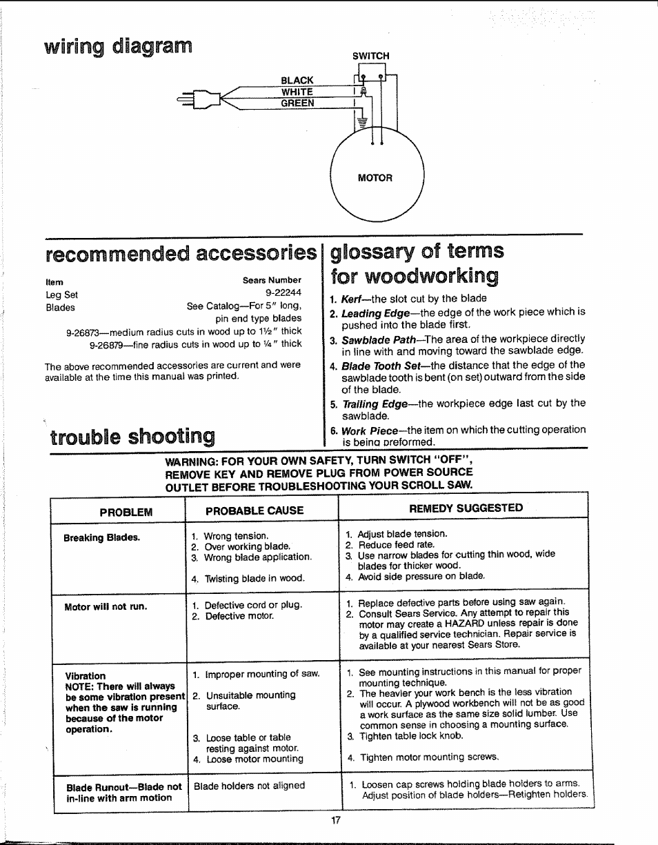 Woodworking, Wiring diagram, Recommended accessories | Trouble shooting glossary of terms for | Sears 113.23611 User Manual | Page 17 / 20